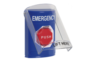 Botón de Emergencia con Bocina de Advertencia Integrada, Texto en Inglés, Tapa Protectora de Policarbonato Súper Resistente, Restablecimiento con Llave