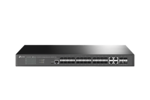 Switch de Fibra Óptica Omada SDN Administrable / 24 puertos SFP 1GE / 4 Puertos Combinados SFP+/RJ45 Gigabit / 1 Puerto Consola RJ45 / 1 Puerto Consola miro-SUB / Compatile con IPv6 / Silencioso (sin ventiladores) / Funciones sFlow, QinQ y QoS