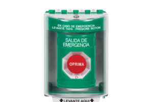 Botón de Salida de Emergencia, Cubierta de Policarbonato Súper Resistente de Superficie con Espaciador, Activación de Acción Mantenida, Con Bocina de Advertencia