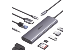 HUB USB-C (Docking Station) 10 en 1 / 3 USB-A 3.0 (5Gbps) / USB-C PD Carga 100W / RJ45 (Gigabit Ethernet) / HDMI 2.0 4K@30Hz / VGA 1080P@60Hz / Lector de Tarjetas SD y MicroSD (TF) / Entrada Aux. 3.5mm / Carcasa de Aluminio.