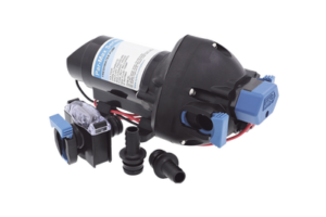 Bomba controlada por presión Par Max a 12 Vcd, caudal de 2 GPM, presión máxima 35 psi, para manguera de entrada con orificio de 38 mm (1½”), manguera de descarga con orificio de 25 mm (1”)