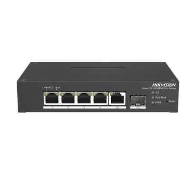 Switch PoE / Administrable / 4 Puertos PoE 10/100 Mbps / 1 Puerto 1000 Mbps / 1 Puertos SFP / PoE Extendido hasta 300 Metros / Conexión Remota desde Hik-PartnerPro
