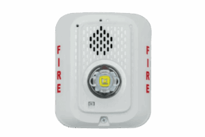 Sirena con Lámpara LED Estroboscópica / a 2 Hilos / Montaje en Pared / 12 o 24 Vcd / Configuración Estroboscópica Seleccionable / Texto en Inglés / Color Blanca