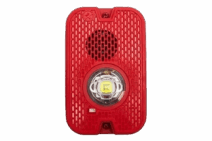 Sirena con Lámpara LED Estroboscópica / a 2 Hilos / Montaje en Pared / 12 o 24 Vcd / Configuración Estroboscópica Seleccionable / Texto en Inglés / Color Rojo / Uso exterior