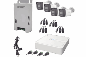 Kit HiLook Audio Bidireccional TurboHD 1080p / DVR 4 Canales / 4 Cámaras Bala (Exterior) con Bocina y Micrófono Integrado / 1 Fuente de Poder / Accesorios