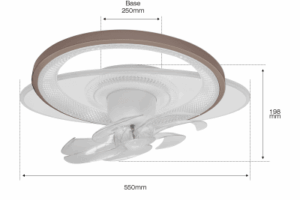 Ventilador de Techo con Luminario LED de 110 V CA 50/60 Hz /  88 W / 3 Tonos de Luz (6500 - 4 000 - 2 700 K) / Con giro 360° / Diámetro 550 mm / 6 Velocidades / Dimeable.