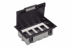 Caja Para Instalación en Pavimento para Voz, Datos o Contactos Eléctricos / Capacidad para 4 Módulos / Espacio Embellecedor en la Tapa / Profundidad Ajustable de 90 a 120 mm / Los Módulos se Adquieren Aparte / Incluye Registro