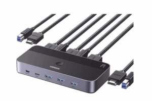 Conmutador KVM HDMI 4K | HDMI 2.0 | 2 Entradas 1 Salida | 4 Puertos USB 3.0 (3 USB-A *1 USB-C) | Soporta 4K@60Hz | HDR | Indicador Led | Compatible Win, MacOs y Linux | Carcasa de Aluminio.