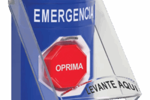 ​Botón Multipropósito, Color Azul, De Superficie, Con Tapa De Policarbonato, Sin Bocina Pre Alarma, Solo Interior, Llave Para Restablecer, Texto De Emergencia, Español