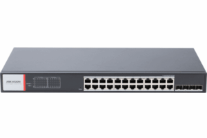 Switch Gigabit PoE+ / Administrable / 24 Puertos 1000 Mbps PoE+ / 4 Puertos SFP / Configuración Nube Hik-PartnerPro / Modo Extendido hasta 300 Metros / 370 W