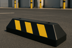 Tope D/ Estacionamiento Vehicular / Hule Reciclado / 55cm / Color Negro con Franjas Amarillas / Resistente y Antideslizante.