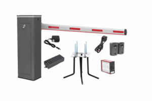 Kit COMPLETO Barrera Derecha XBS Con Corona LED / Brazo Iluminado de 5M / Incluye Sensor de Masa, Transformador, Lazo Magnético, Ancla, Fotoceldas y 2 Controles Inalámbricos