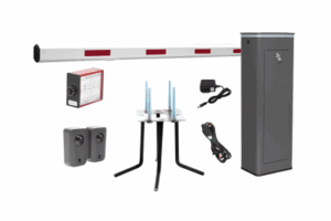 Kit COMPLETO Barrera Izquierda XBS Con Corona LED / Brazo de 5.5 Metros / Incluye Sensor de Masa, Transformador, Lazo Magnético, Ancla, Fotoceldas y 2 Controles Inalámbricos