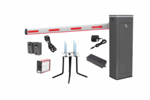 Kit COMPLETO Barrera Izquierda XBS Con Corona LED / Brazo Iluminado de 5M / Incluye Sensor de Masa, Transformador, Lazo Magnético, Ancla, Fotoceldas y 2 Controles Inalámbricos