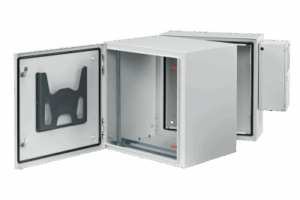 Gabinete Industrial ProTek de Puerta Sólida, Con Aire Acondicionado de 4000 BTU, Protección NEMA Tipo 4/12; IP66; IK10, Abatible, Fabricado en Acero, 19 UR, Color Gris Claro