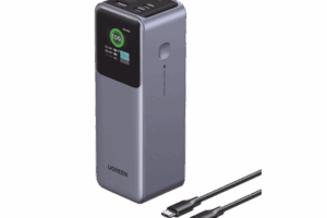 Power Bank de 12000mAh | 3 Salidas 100W Max. | USB-A + 2 USB-C | PD 3.0 | QC3.0 | FCP | SCP | Pantalla Inteligente | Carcasa Ignifuga | Color Gris | Incluye Cable USB de 50cm | Carga tu Laptop de Manera Segura.