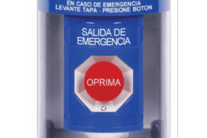 Botón Multipropósito, Color Azul, De Superficie, Con Tapa De Policarbonato, Sin Bocina, Para Interior/Exterior, Llave Para Restablecer, Texto Salida De Emergencia, Español