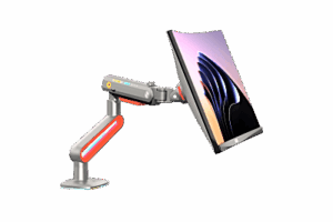 Montaje de Escritorio Ideal Para Monitores Gaming  de  32"- 60" / Capacidad de Carga Maxima 20 Kg / Vesa 75 x 75 -  100 x 100 / Acero / Giro 360° / Color Carbon Mate  con Cubierta  Plastica Color Rojo /  Iluminación RGB