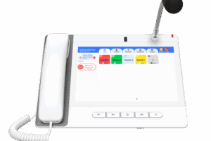 Teléfono IP Color Blanco Android 9.0 Empresarial para voceo 20 líneas SIP, pantalla táctil, Wi-Fi y Bluetooth, PoE, Voceo/ Musica por Multicast, puertos Gigabit, Sofware de Enfermeria