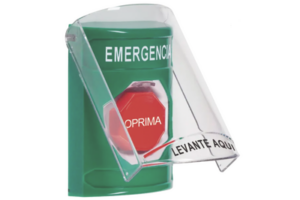 ​​Botón Multipropósito, Color Verde, De Superficie, Con Tapa De Policarbonato, Con Bocina Pre Alarma, Solo Interior, Llave Para Restablecer, Texto De Emergencia, Español