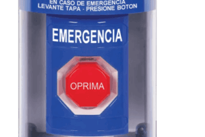 ​Botón Multipropósito, Color Azul, De Superficie con Espaciador, C/Tapa De Policarbonato, C/Bocina Pre Alarma, Interior/Exterior, Llave Para Restablecer, Texto De Emergencia, Español
