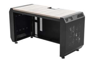 Consola Profesional para Monitoreo o Computo | Ranura para Base de Monitores | Microperforaciones | Luces LED Decorativas | Tomacorriente HTCM1U10C | Tapas Organizadoras de Cables | Niveladores | Rack para Montaje de Equipos | Ranura Pasaca