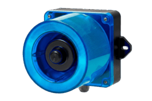 Combinacion de baliza LED color Azul y sirena electrónica de 31 tonos resistente a la intemperie de volumen máx. 123 dB a 12-24 VCD