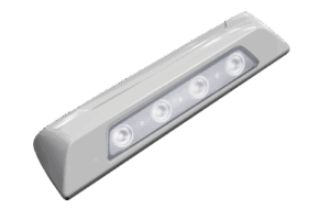 Luz de escena, 4 LED, bisel blanco, 12–24VCD, LED blanco y lente transparente
