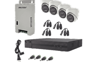 Kit HiLook Audio Bidireccional TurboHD 1080p / DVR Metalico 4 Canales / 4 Cámaras Eyeball (Exterior) con Bocina y Microfóno Integrado / 1 Fuente de Poder / Accesorios