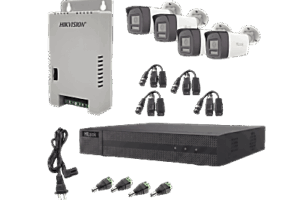 Kit HiLook Audio Bidireccional TurboHD 1080p / DVR Metalico 4 Canales / 4 Cámaras Bala (Exterior) con Bocina y Micrófono Integrado / 1 Fuente de Poder / Accesorios