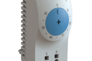 Termostato/Interruptor Para Control de Temperatura en Grados Celsius, Para Uso con Ventiladores, Con Terminales de Conexión, y Clip para Riel Din de 35 mm, Color Gris Claro