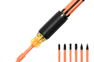 Destornillador Aislado 6-en-1 Auto-Lock / Aislado 1000V CAT III / Almohadilla de agarre / Almacenamiento de brocas integrado / Bits Philips #1 #2 / Slotted 3/16" 1/4" / Square #1 #2