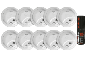 Kit de 10 Detectores de Humo Autónomos FIRST ALERT por Ionización / Alarma 85 dB / Botón Prueba y Silencio / Probador SABRE SDI