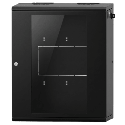 Gabinete Rack / 16 UR / Montaje Pared / Puerta Cristal Templado / Carga 80 kg / Abatible 120° / Ventilación 120 mm