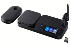 Sistema de Auricular Bluetooth Mono / Cancelación de Ruido 4-Mic / Autonomía 30h / Pantalla Táctil 3' / Conectividad USB-C/A / Carga Inalámbrica Qi 15W