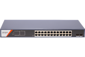 Switch Gigabit PoE+ / Administrable / 24 Puertos 1000 Mbps PoE+ / 2 Puertos SFP / Configuración Remota desde Hik-PartnerPro / PoE Extendido 250 Metros / 370 Watts