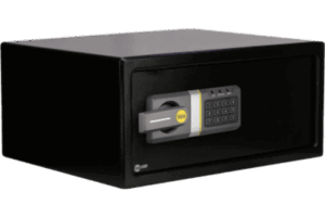 Caja Fuerte Electrónica Residencial / Apertura por Código 3-8 Dígitos / Llave de Emergencia / Puerta Acero Reforzado / Bloqueo 5 Minutos / Alimentación 4 Pilas AA / Indicadores LED