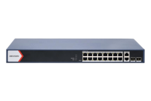 Switch PoE+ / Administrable / 16 puertos 1000 Mbps PoE+ / 2 Puertos 1000 Mbps Uplink / 2 Puertos SFP de Uplink /  Configuración Nube Hik-Partner Pro / Modo Extendido hasta 300 metros / 230 W