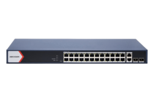 Switch Gigabit PoE+ / Administrable / 24 Puertos 1000 Mbps PoE+ / 2 Puertos 1000 Mbps Uplink  / 2 Puertos SFP Uplink / Configuración Nube Hik-Partner Pro / Modo Extendido hasta 300 Metros / 230 W