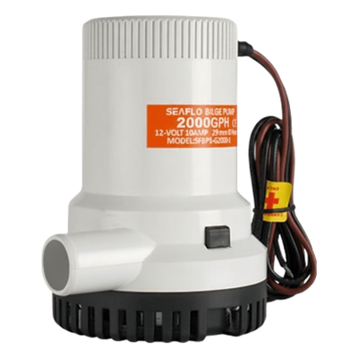 Bomba de Achique Sumergible SEAFLO SFBP1-G2000-01 / 2,000 GPH (7,571 LPH) / 12V CD / Eje de Acero Inoxidable / Operación en Seco / Protección Anti-Aire / Sellos Herméticos / Cableado Marino / CE, RoHS, ISO 8849