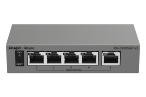 Switch Capa 2 Gestionado en la Nube / 5 Puertos Gigabit / Switching 10 Gbps / Forwarding 7.44 Mpps / Diseño sin Ventilador / Protección 6 kV / Modo CCTV de un Clic / 32 VLANs / Gabinete Metálico / Ruijie Cloud