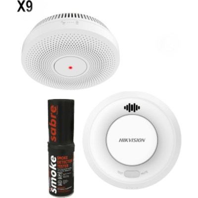 Kit de Detección de Humo / 9 Detectores Interlink + Hub Wi-Fi / Interconectable 30 Dispositivos / Batería 10 Años / Alarma 85 dB / Probador SABRE Incluido / Hik-Connect